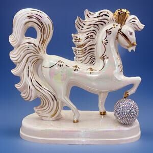 Evett Ceramic Horse Statue Pearl Luster Gold Gilt Hollywood Regency Glam Decor